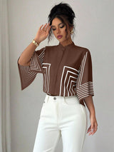 Clobug Women Striped Print Half Sleeve High Neck Regular Top
