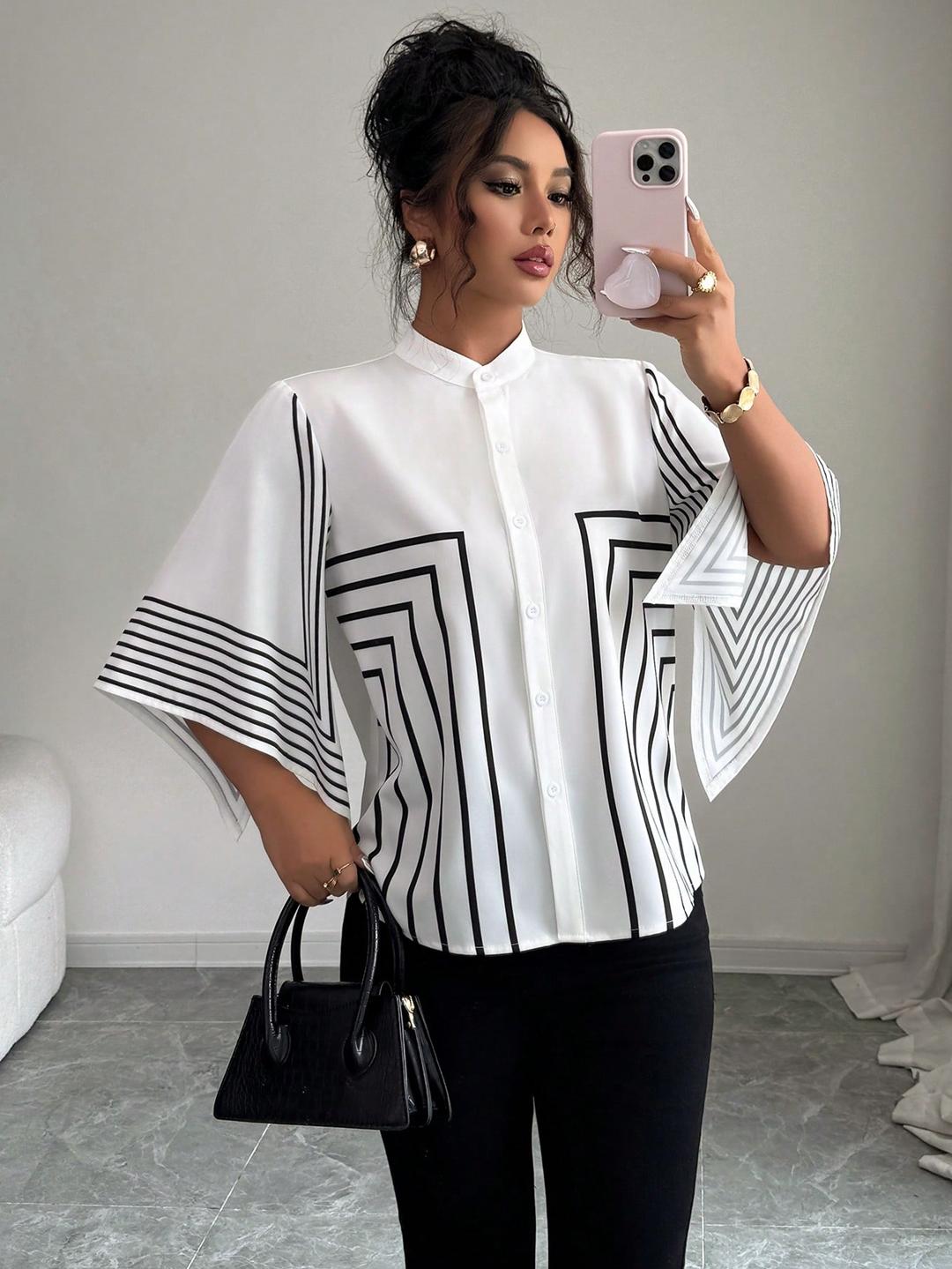 Clobug Women Striped Print Half Sleeve High Neck Regular Top