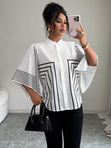 Clobug Women Striped Print Half Sleeve High Neck Regular Top