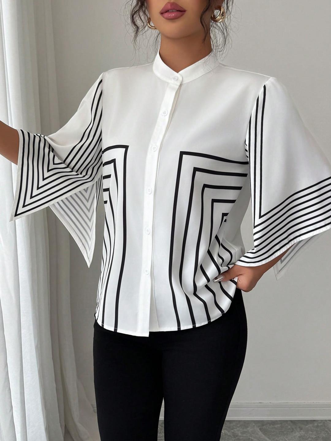 Clobug Women Striped Print Half Sleeve High Neck Regular Top