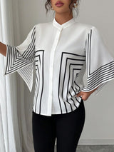 Clobug Women Striped Print Half Sleeve High Neck Regular Top
