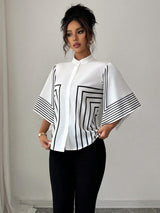 Clobug Women Striped Print Half Sleeve High Neck Regular Top