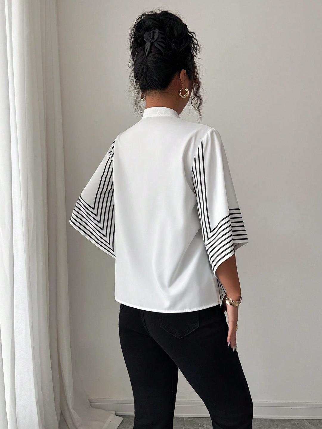 Clobug Women Striped Print Half Sleeve High Neck Regular Top