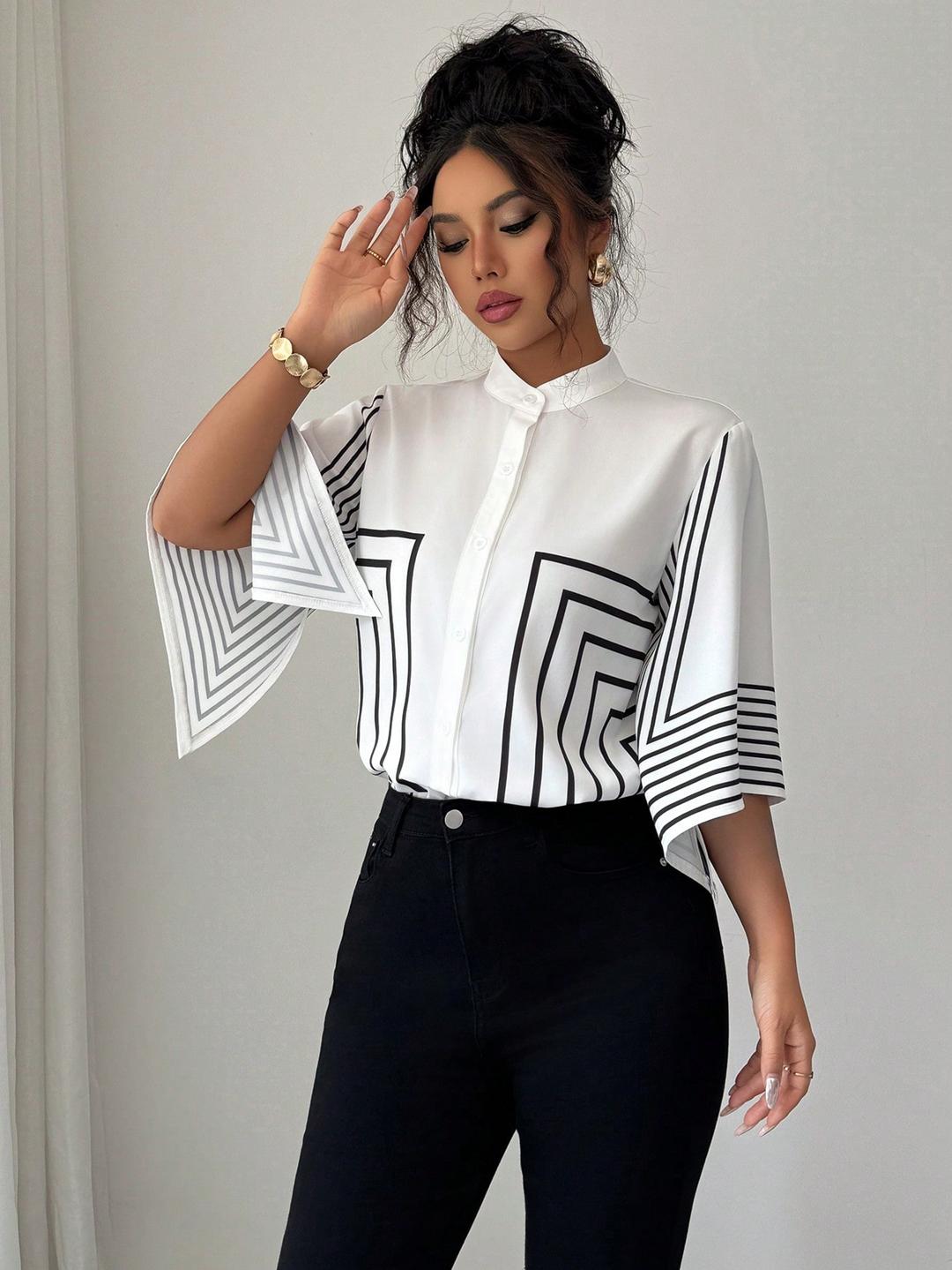 Clobug Women Striped Print Half Sleeve High Neck Regular Top