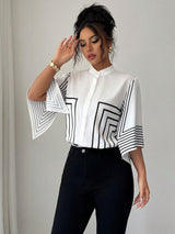 Clobug Women Striped Print Half Sleeve High Neck Regular Top