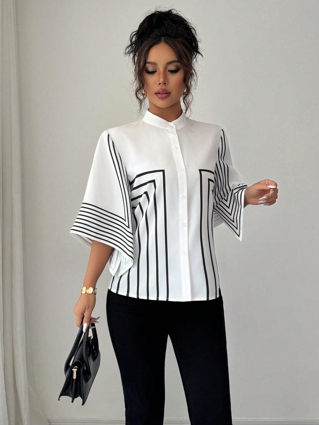 Clobug Women Striped Print Half Sleeve High Neck Regular Top
