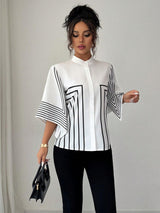 Clobug Women Striped Print Half Sleeve High Neck Regular Top