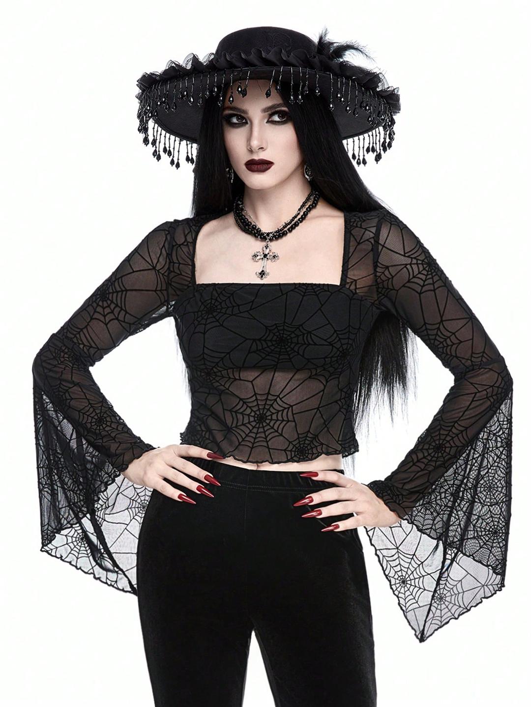 Clobug Women Black Net Full Sleeve Square Neck Fitted Top