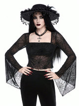 Clobug Women Black Net Full Sleeve Square Neck Fitted Top