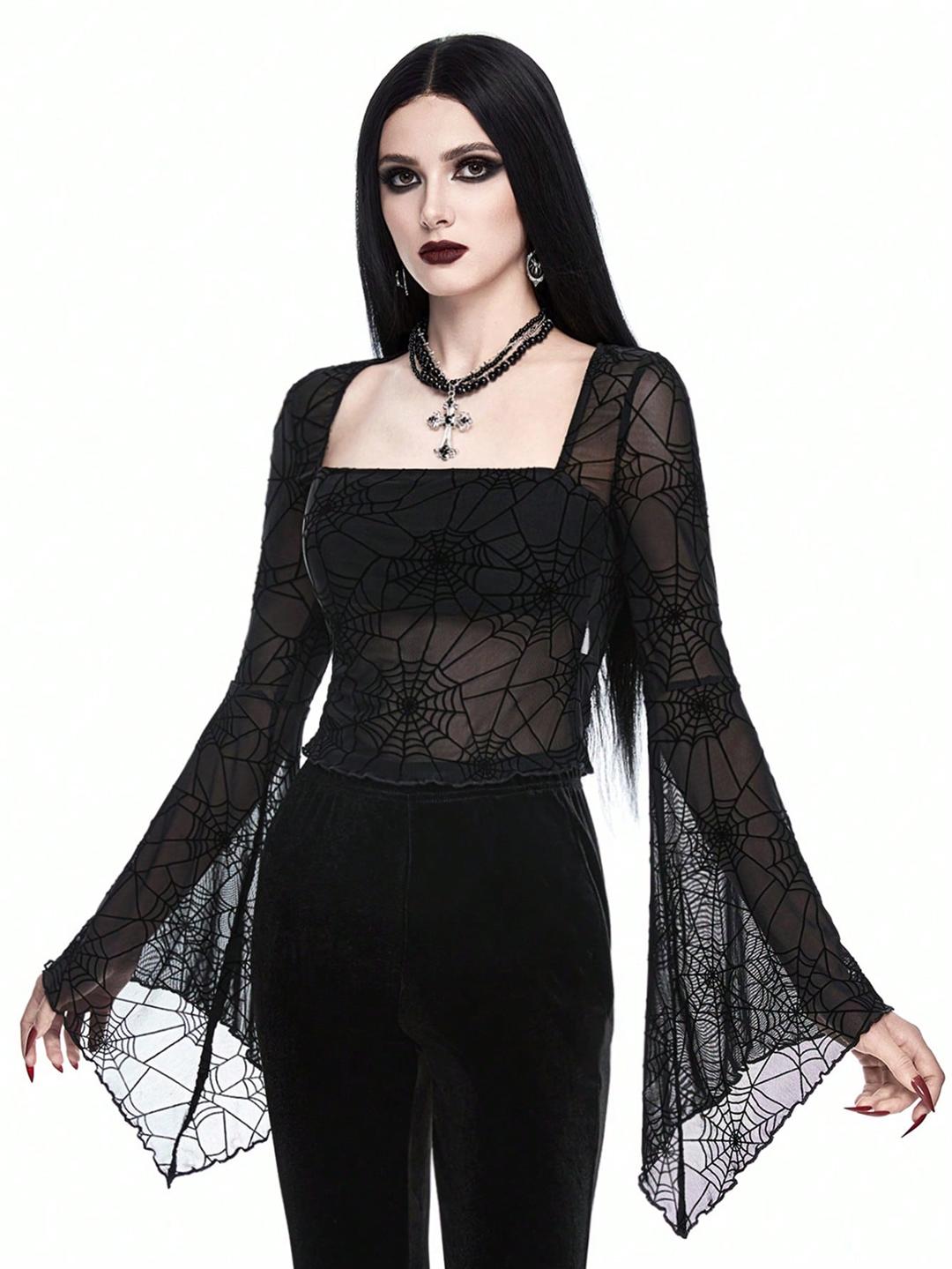 Clobug Women Black Net Full Sleeve Square Neck Fitted Top