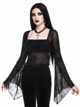 Clobug Women Black Net Full Sleeve Square Neck Fitted Top