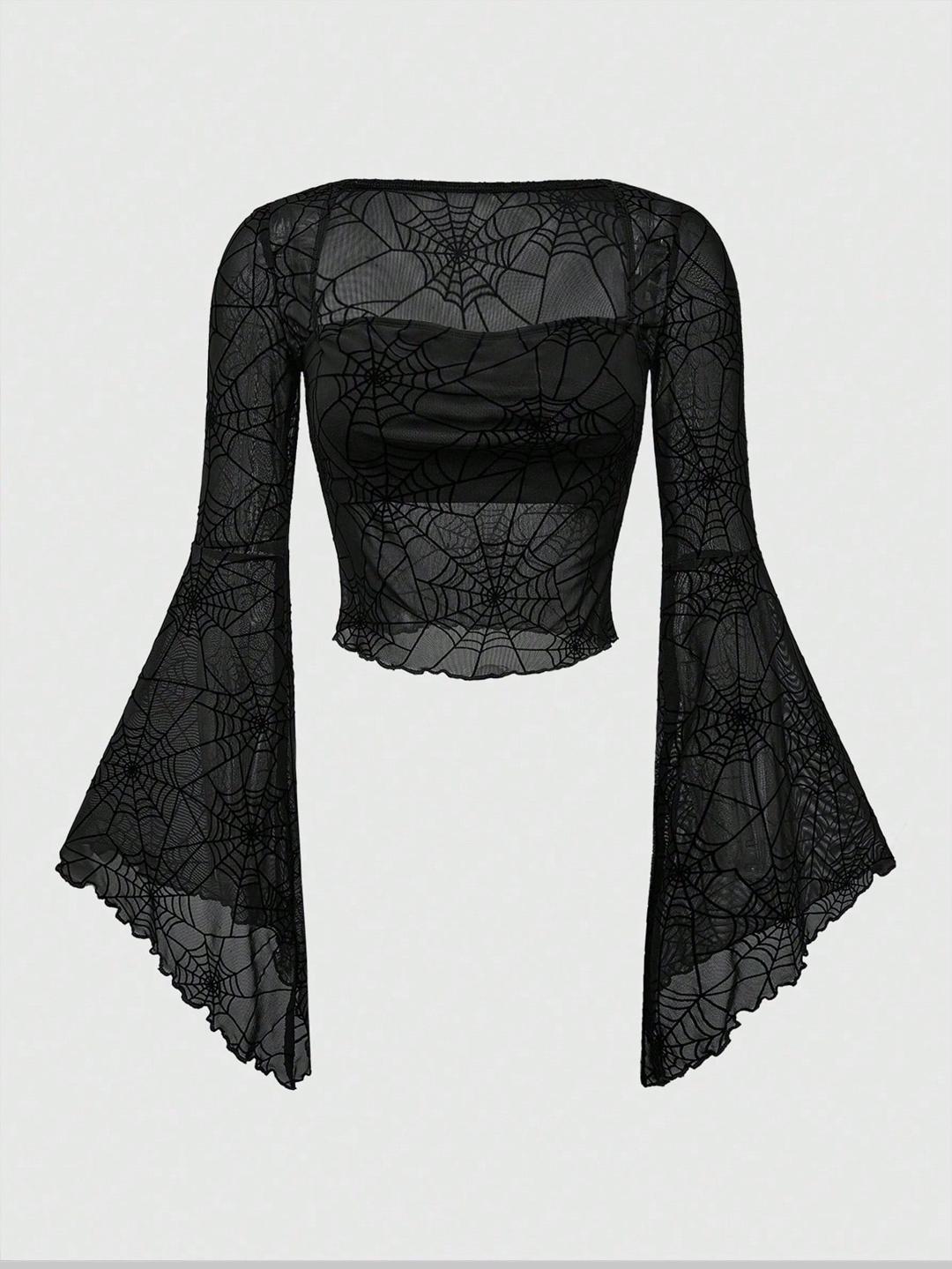 Clobug Women Black Net Full Sleeve Square Neck Fitted Top