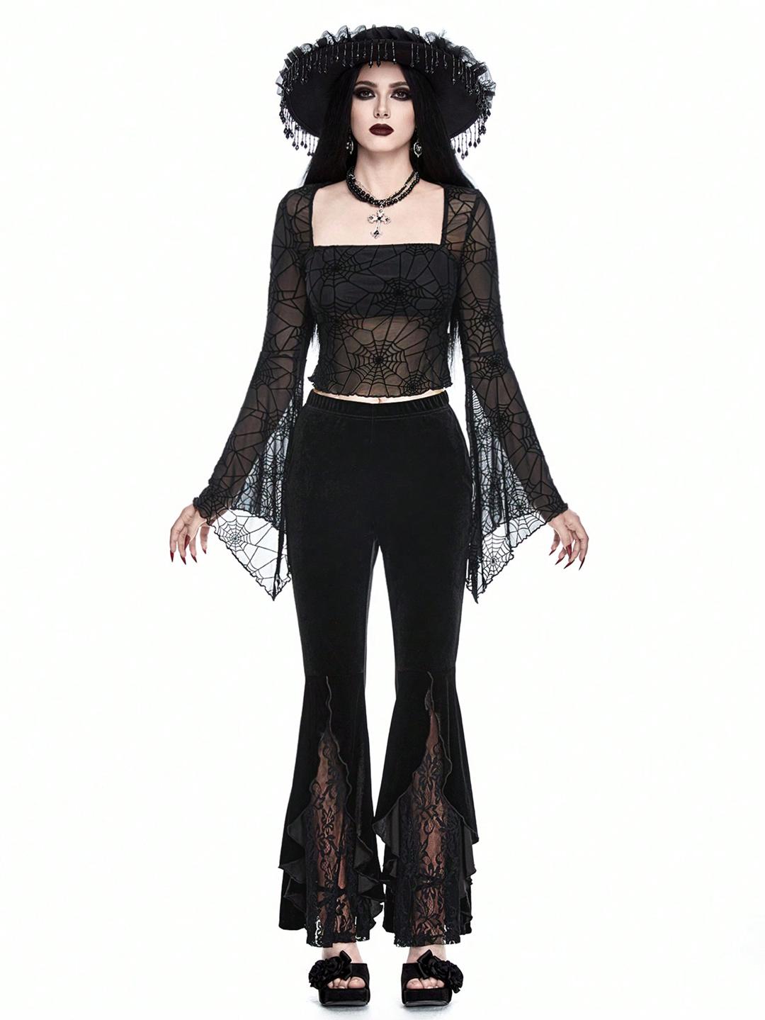 Clobug Women Black Net Full Sleeve Square Neck Fitted Top