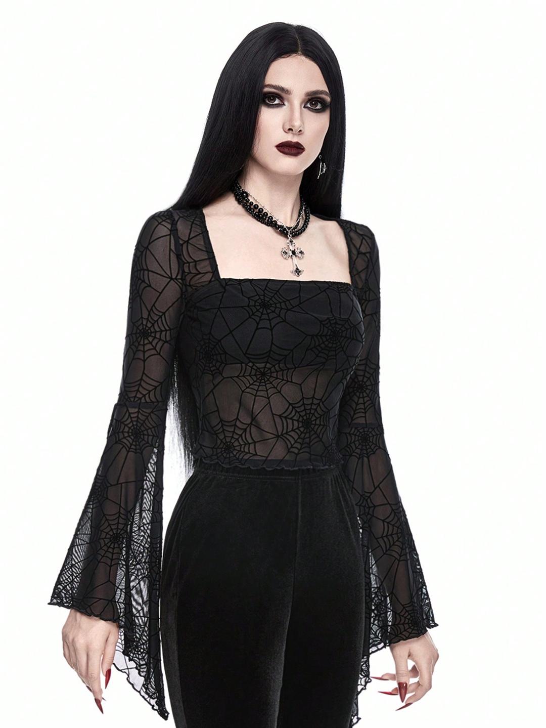 Clobug Women Black Net Full Sleeve Square Neck Fitted Top