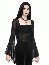 Clobug Women Black Net Full Sleeve Square Neck Fitted Top