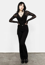 Clobug Women Black Net Full Sleeve V Neck Fitted Top