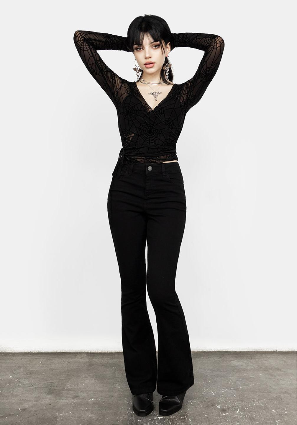 Clobug Women Black Net Full Sleeve V Neck Fitted Top