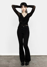 Clobug Women Black Net Full Sleeve V Neck Fitted Top