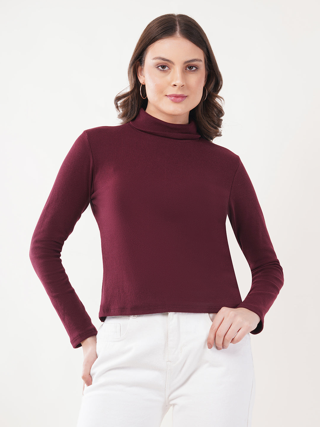 Clobug Women Cotton Blend High Neck Regular Full Sleeve Top