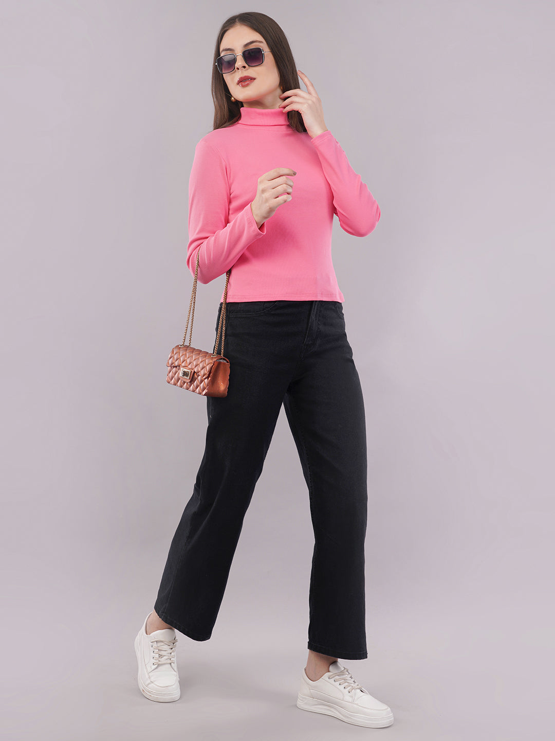 Clobug Women Cotton Blend High Neck Regular Full Sleeve Top