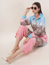 Clobug Women Printed Full Sleeve Crepe Shirt & Pant Co-ord Set