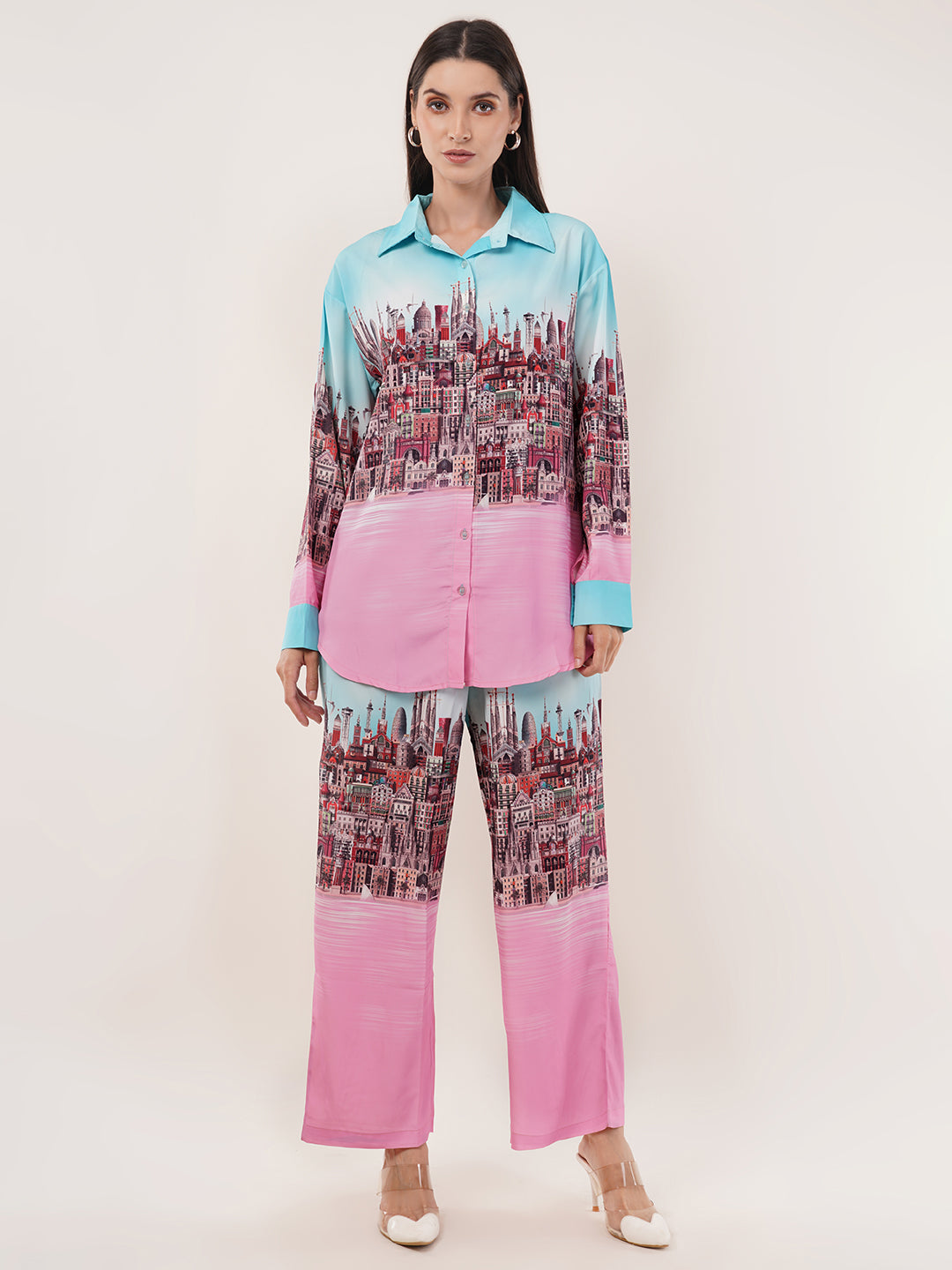 Clobug Women Printed Full Sleeve Crepe Shirt & Pant Co-ord Set