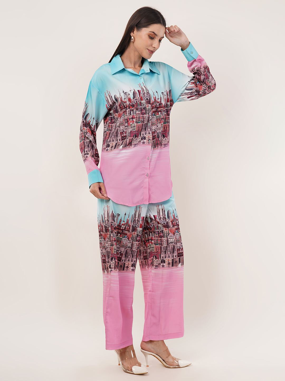 Clobug Women Printed Full Sleeve Crepe Shirt & Pant Co-ord Set