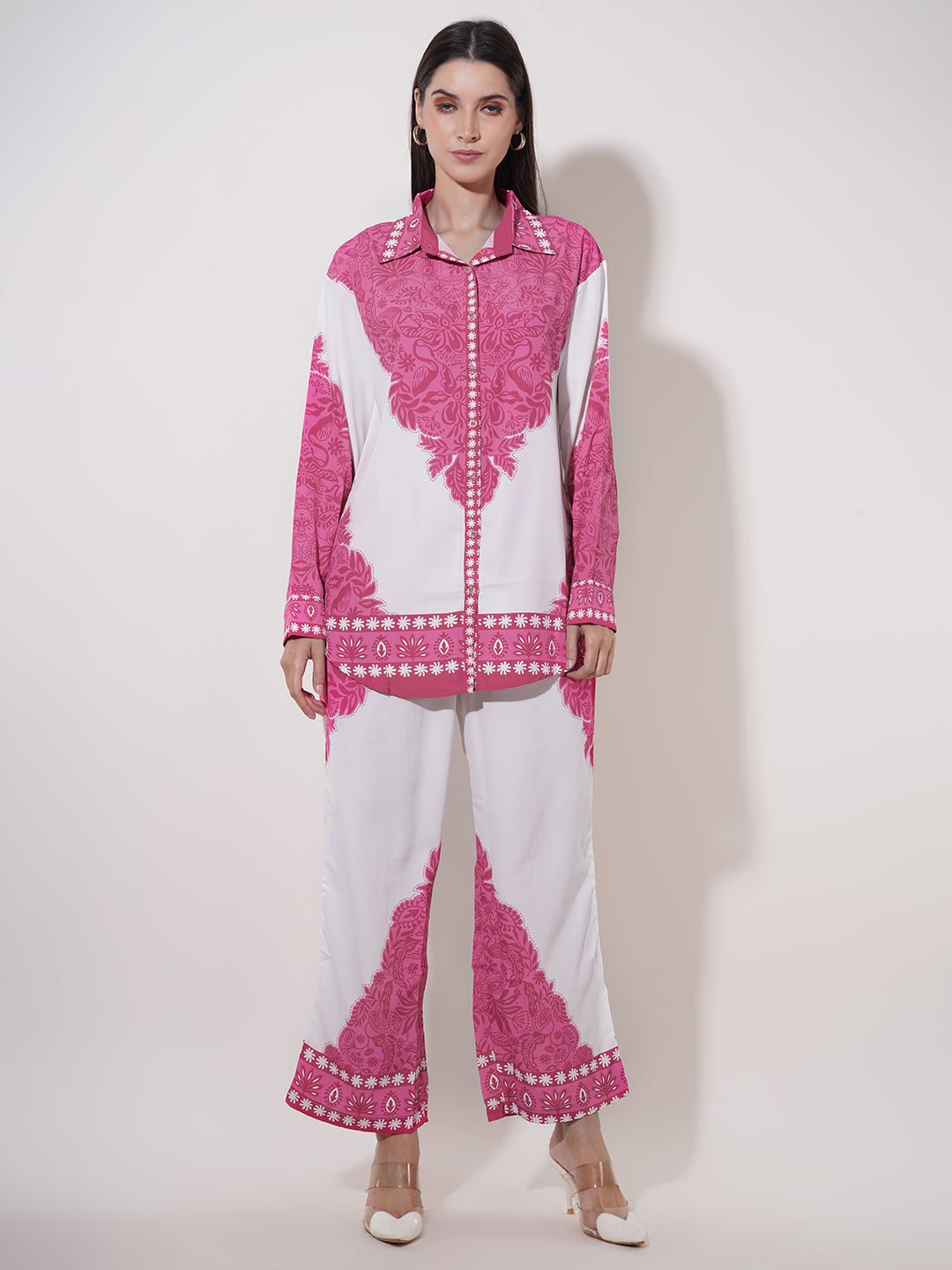 Clobug Women Printed Full Sleeve Crepe Shirt & Pant Co-ord Set