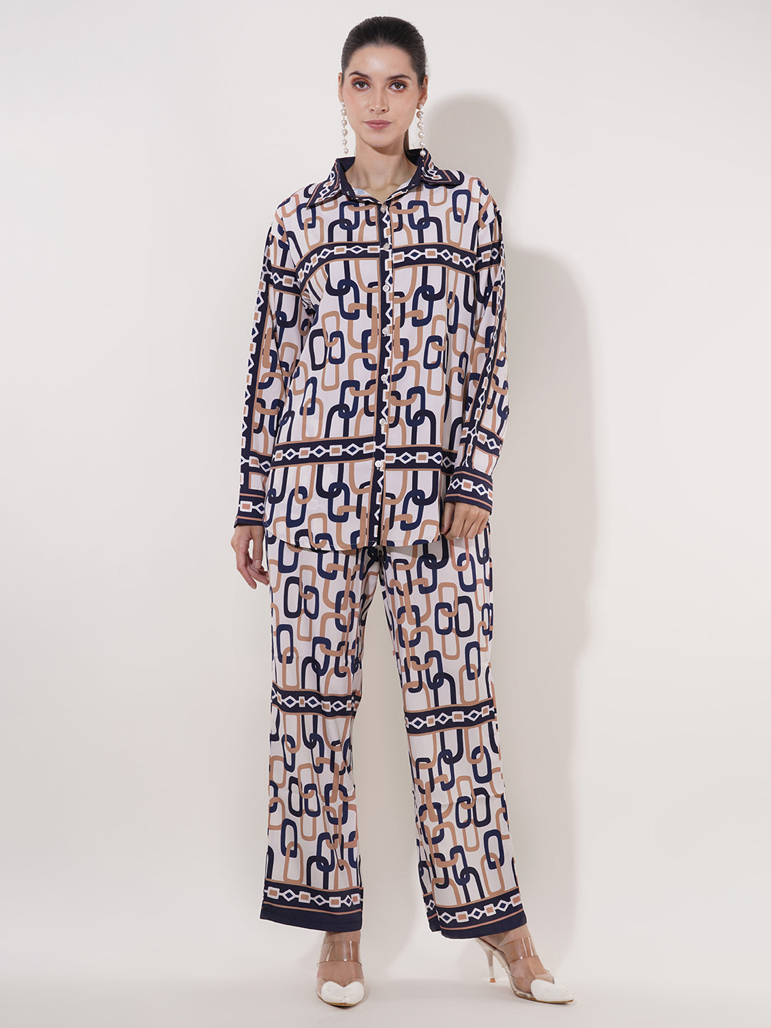 Clobug Women Printed Full Sleeve Crepe Shirt & Pant Co-ord Set