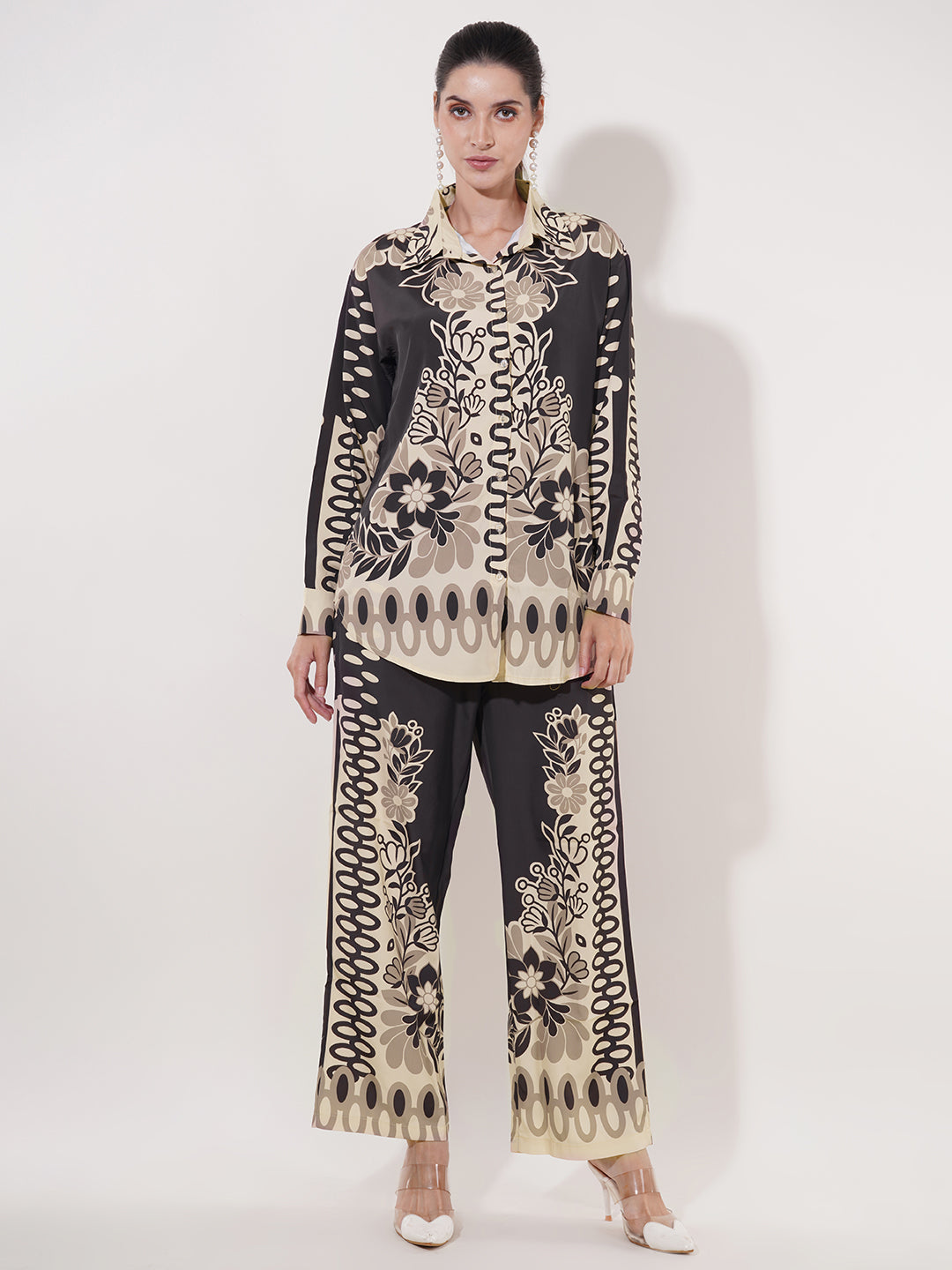 Clobug Women Printed Full Sleeve Crepe Shirt & Pant Co-ord Set