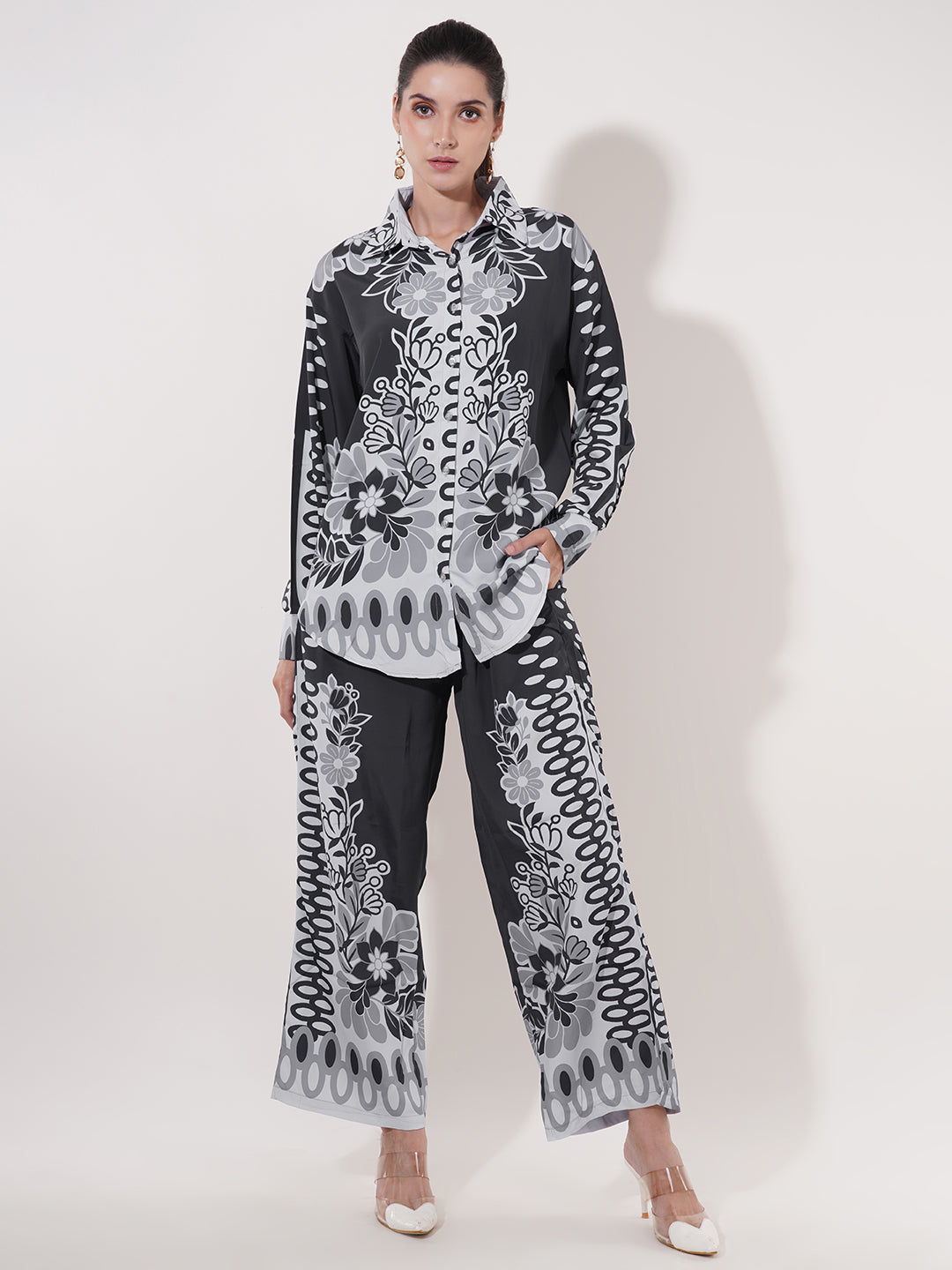 Clobug Women Printed Full Sleeve Crepe Shirt & Pant Co-ord Set