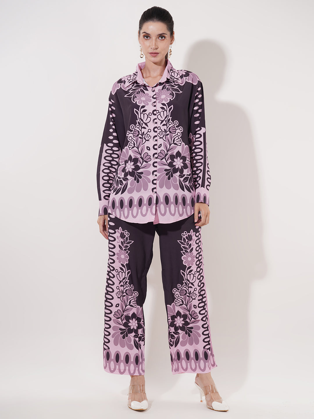 Clobug Women Printed Full Sleeve Crepe Shirt & Pant Co-ord Set