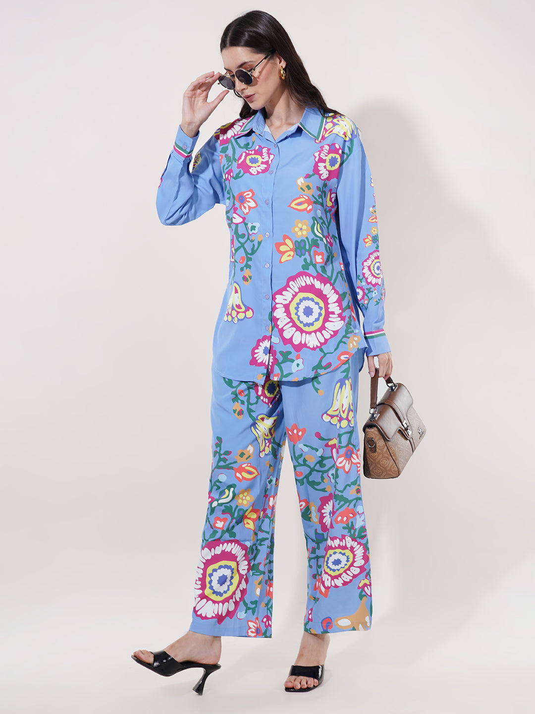 Clobug Women Printed Full Sleeve Crepe Shirt & Pant Co-ord Set