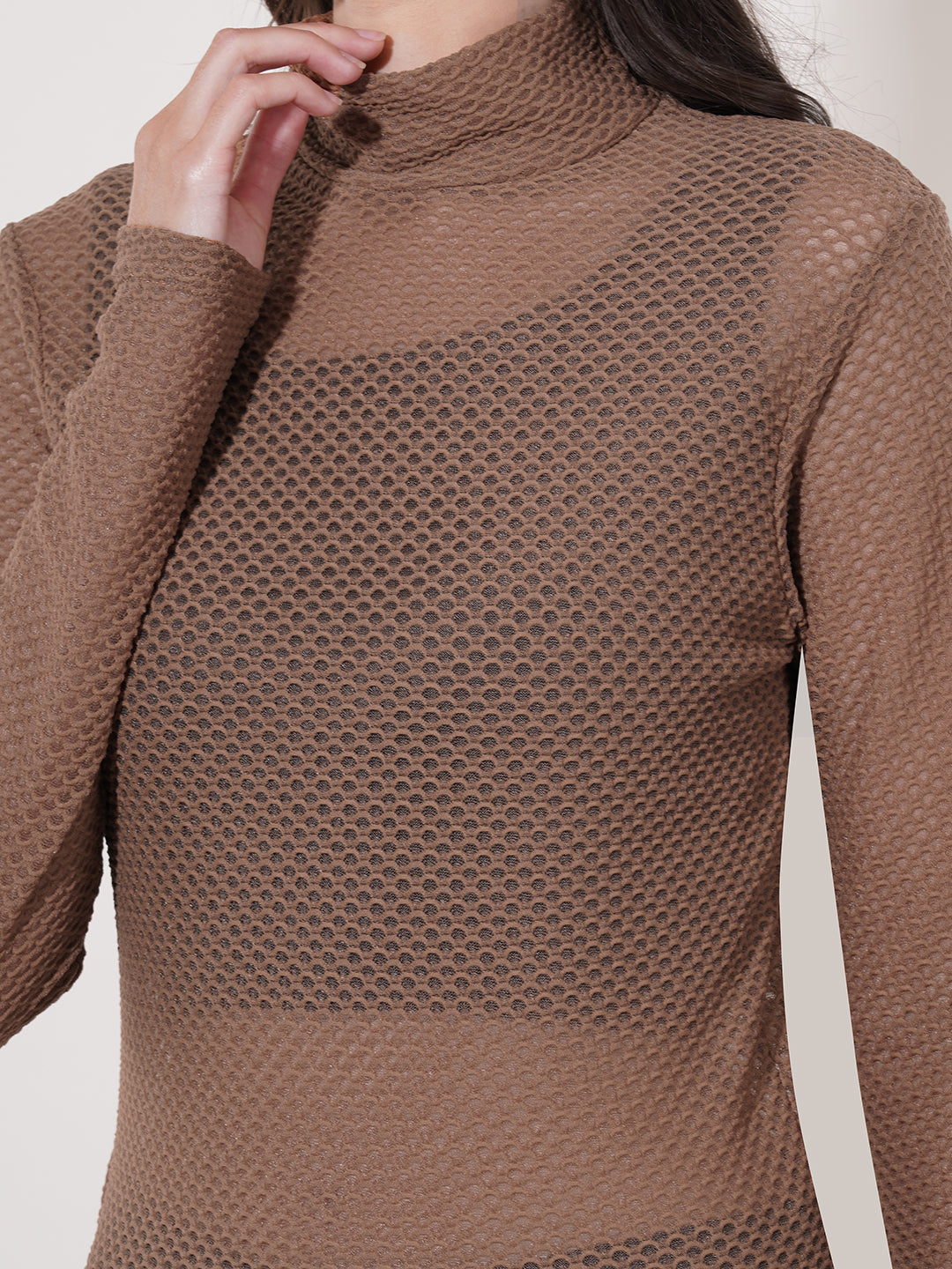 Clobug Women High Neck Full Sleeve Net Top