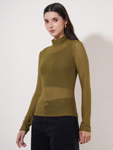Clobug Women High Neck Full Sleeve Net Top