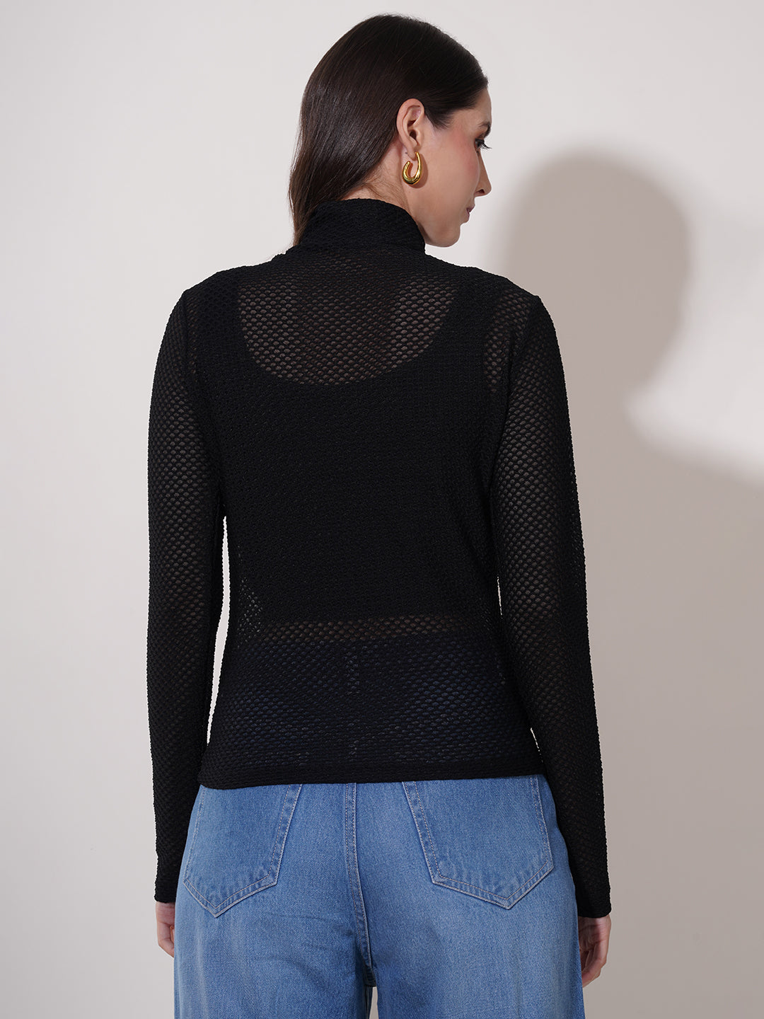 Clobug Women High Neck Full Sleeve Net Top