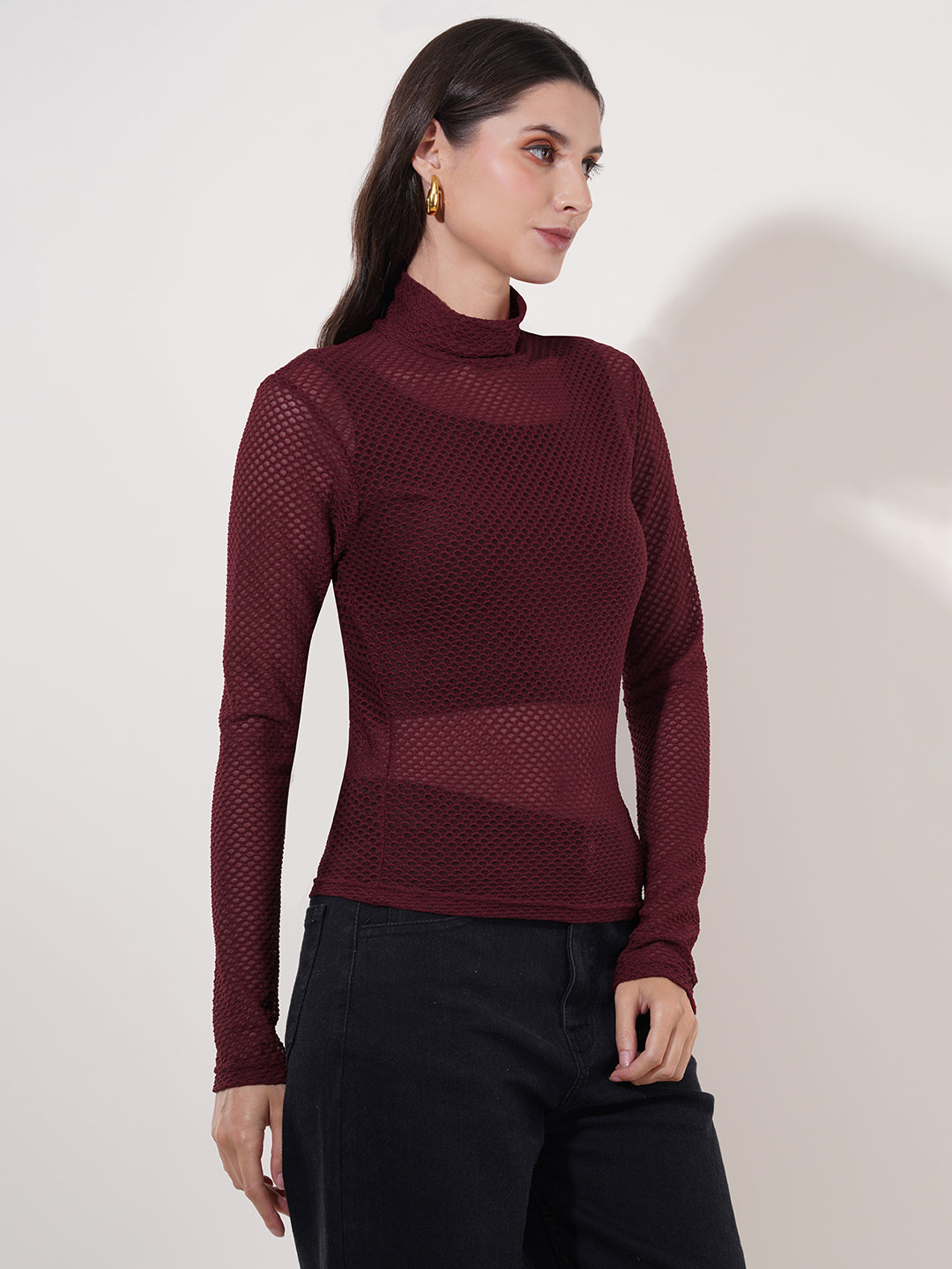 Clobug Women High Neck Full Sleeve Net Top