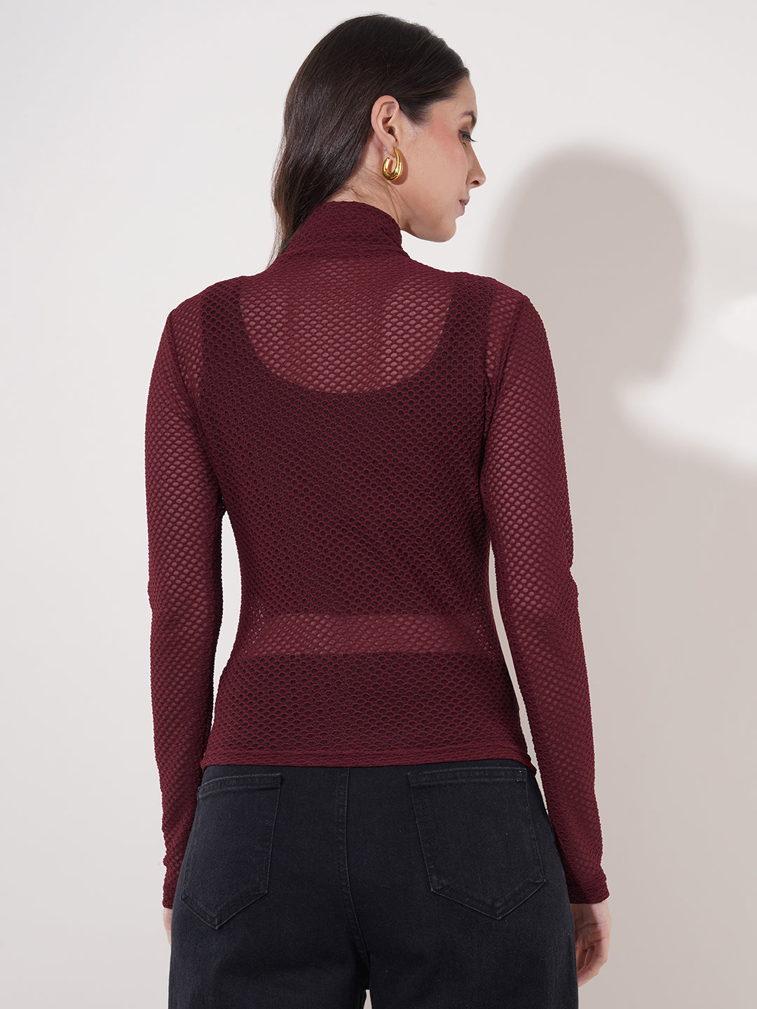 Clobug Women High Neck Full Sleeve Net Top