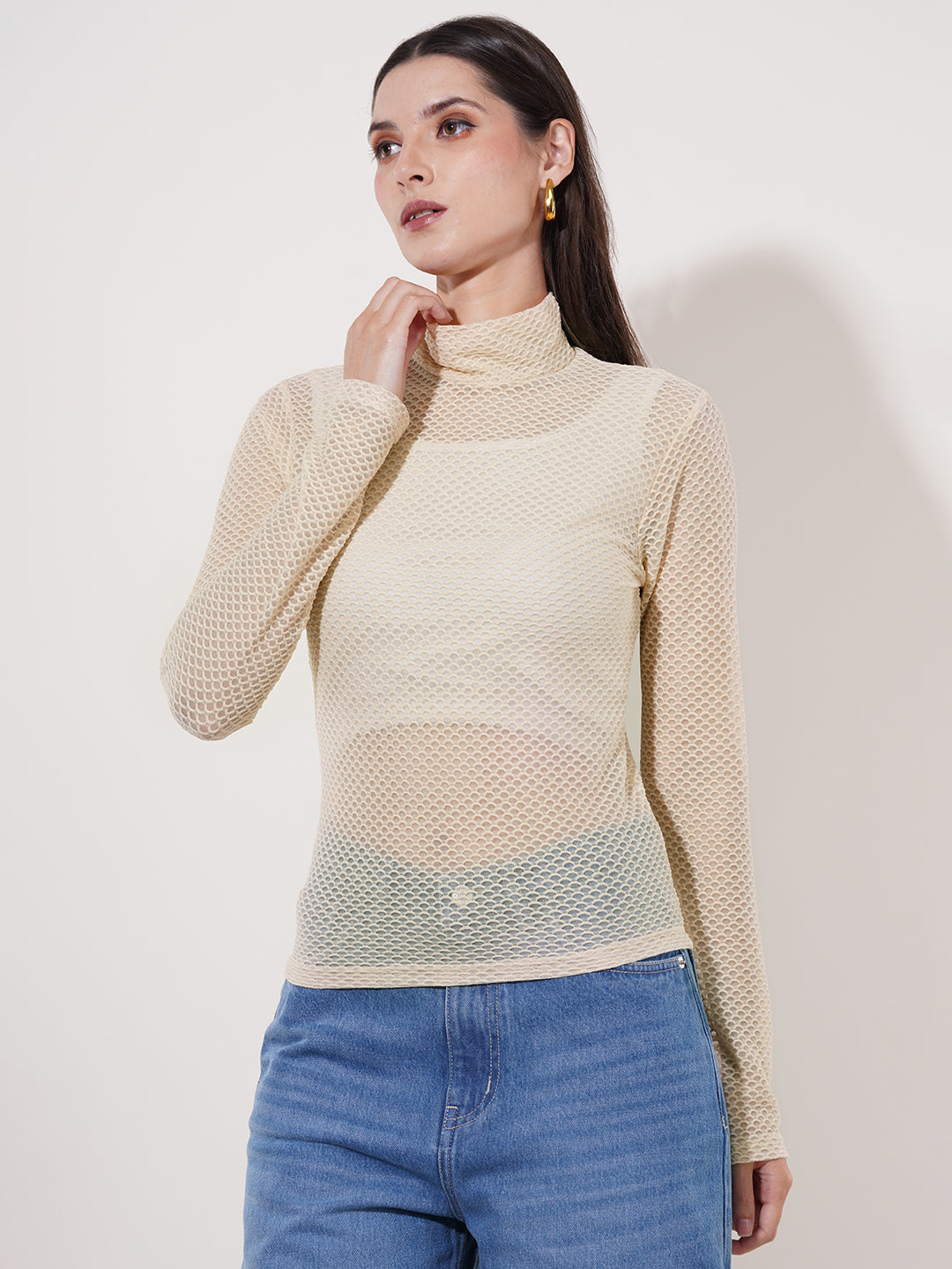 Clobug Women High Neck Full Sleeve Net Top