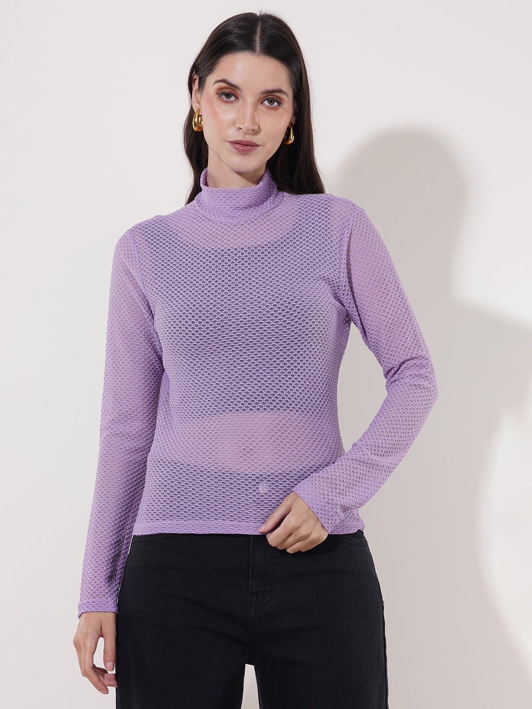 Clobug Women High Neck Full Sleeve Net Top