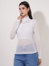 Clobug Women High Neck Full Sleeve Net Top