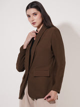 Clobug Women Solid Single Breast Full Sleeve Cotton Blend Blazer