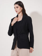 Clobug Women Solid Single Breast Full Sleeve Cotton Blend Blazer