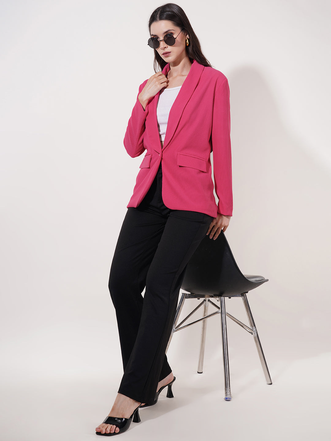 Clobug Women Solid Single Breast Full Sleeve Cotton Blend Blazer