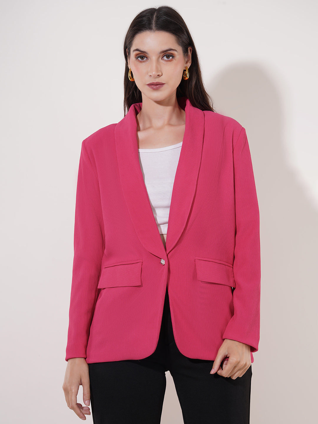 Clobug Women Solid Single Breast Full Sleeve Cotton Blend Blazer