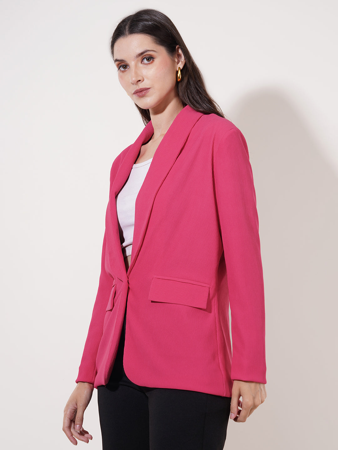 Clobug Women Solid Single Breast Full Sleeve Cotton Blend Blazer