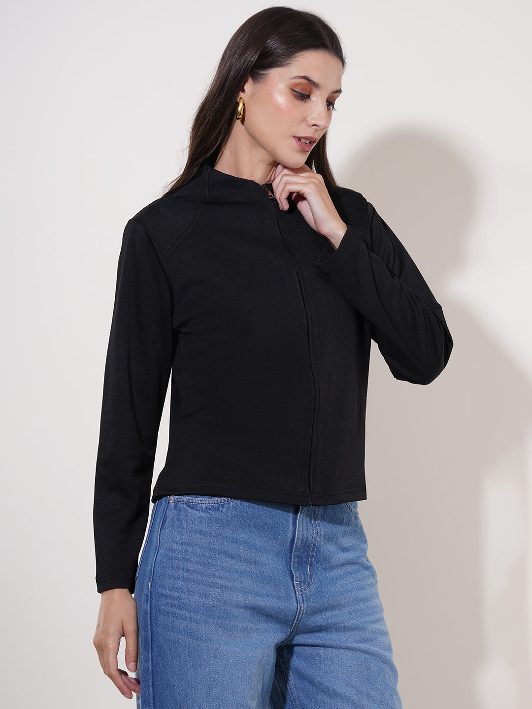 Clobug Women High Neck Full Sleeve Cotton Blend Jacket