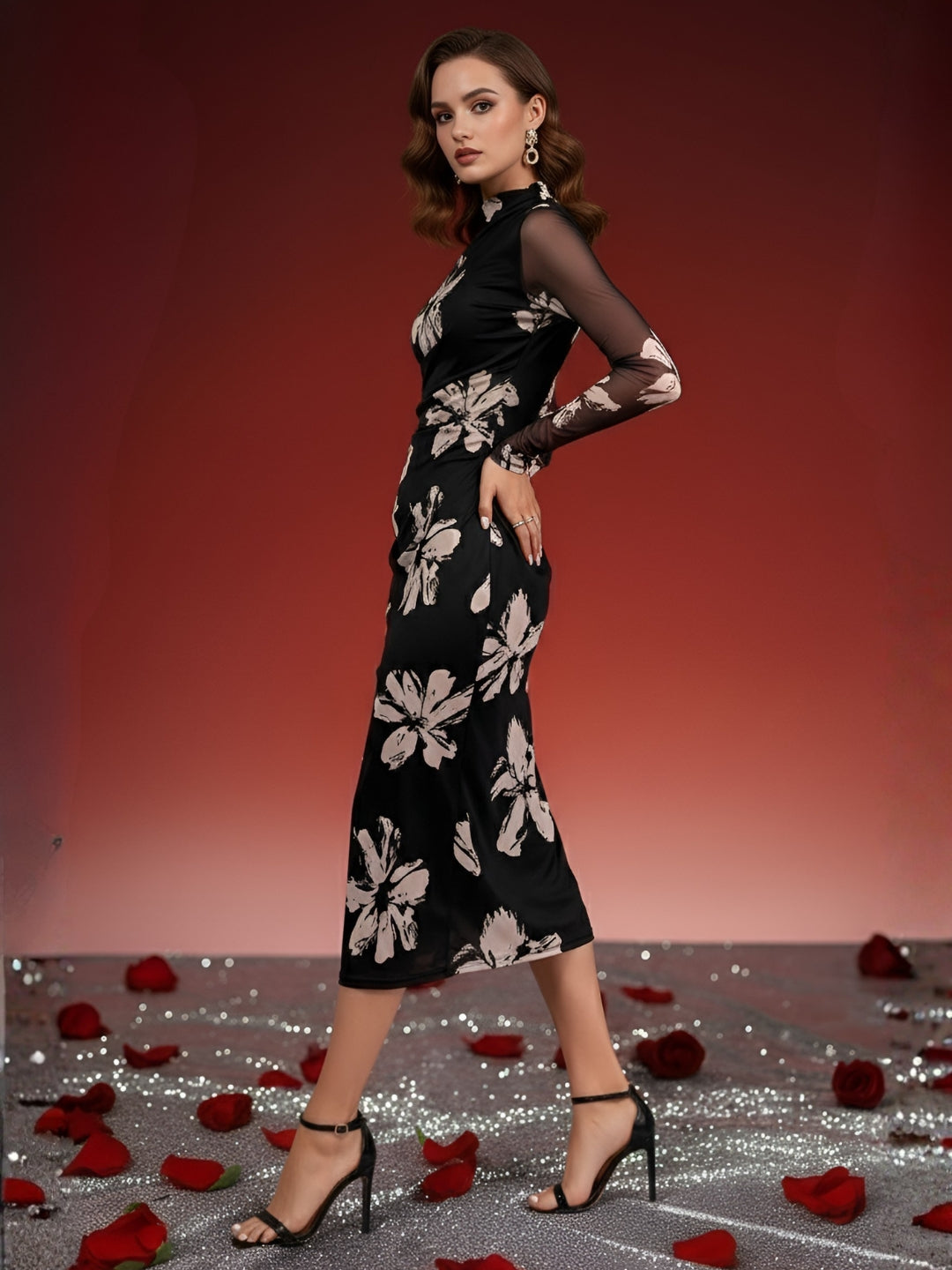 Clobug Women Printed Black Midi Dress