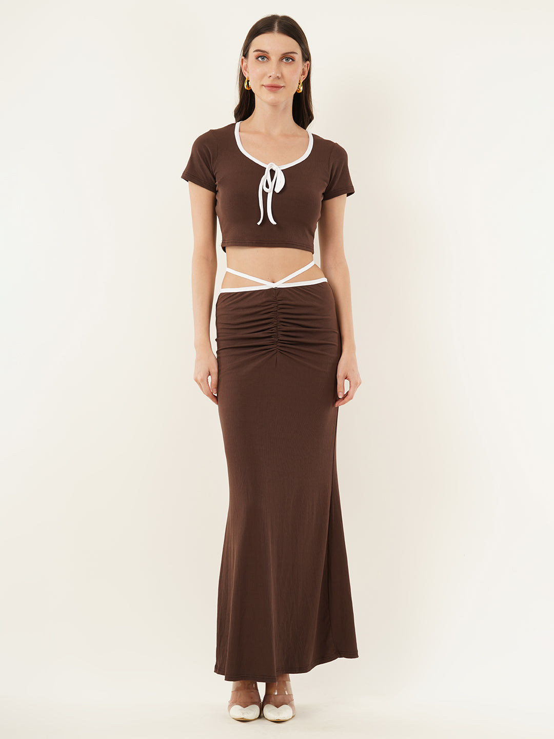 Clobug Women Solid Brown Top & Skirt Co-ord Set