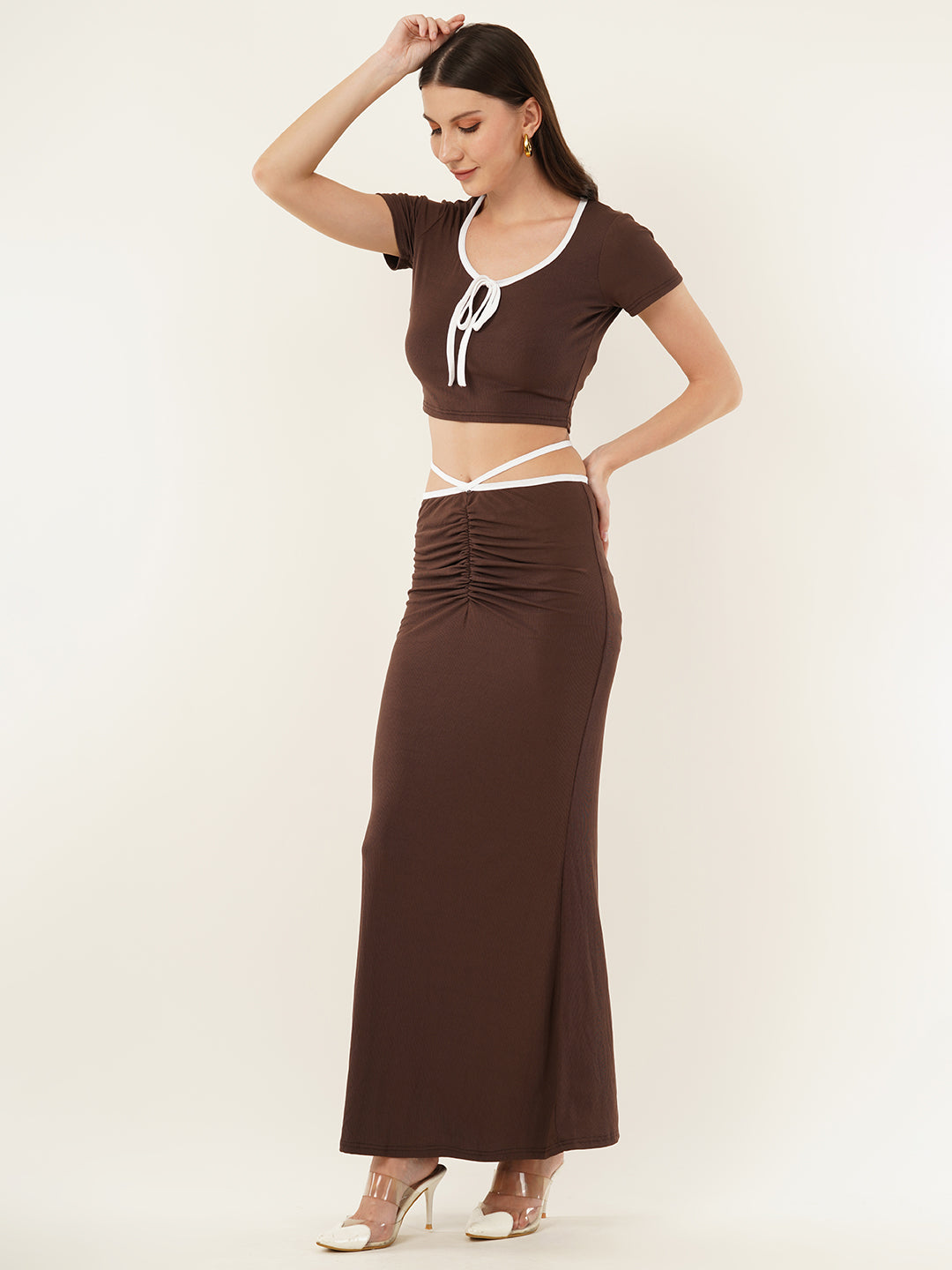Clobug Women Solid Brown Top & Skirt Co-ord Set